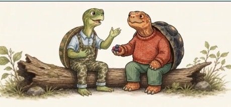 Turtle and Tortoise characters sitting on a log, talking together